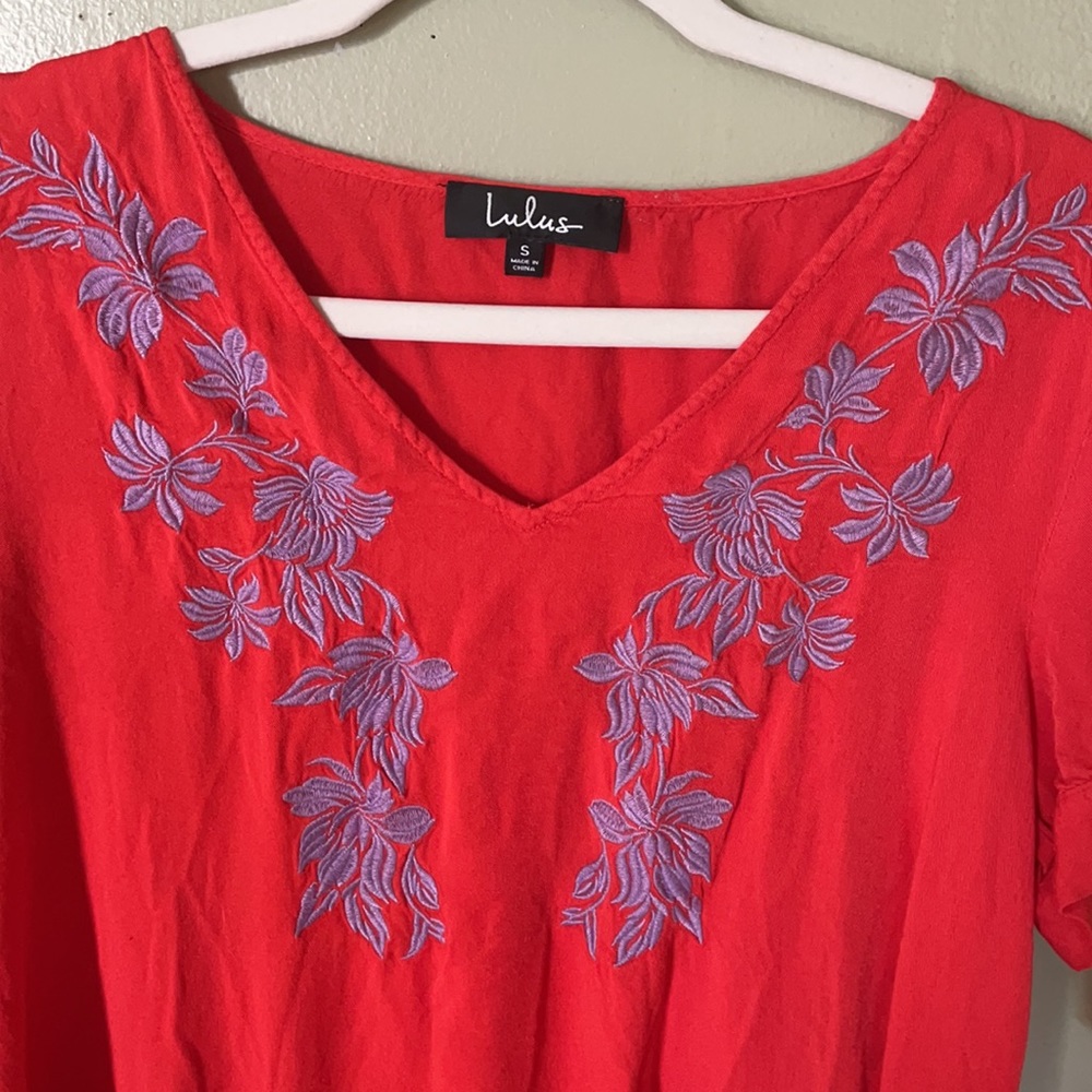 Red mini dress with floral, lavender embroidery. - Picture 2 of 3